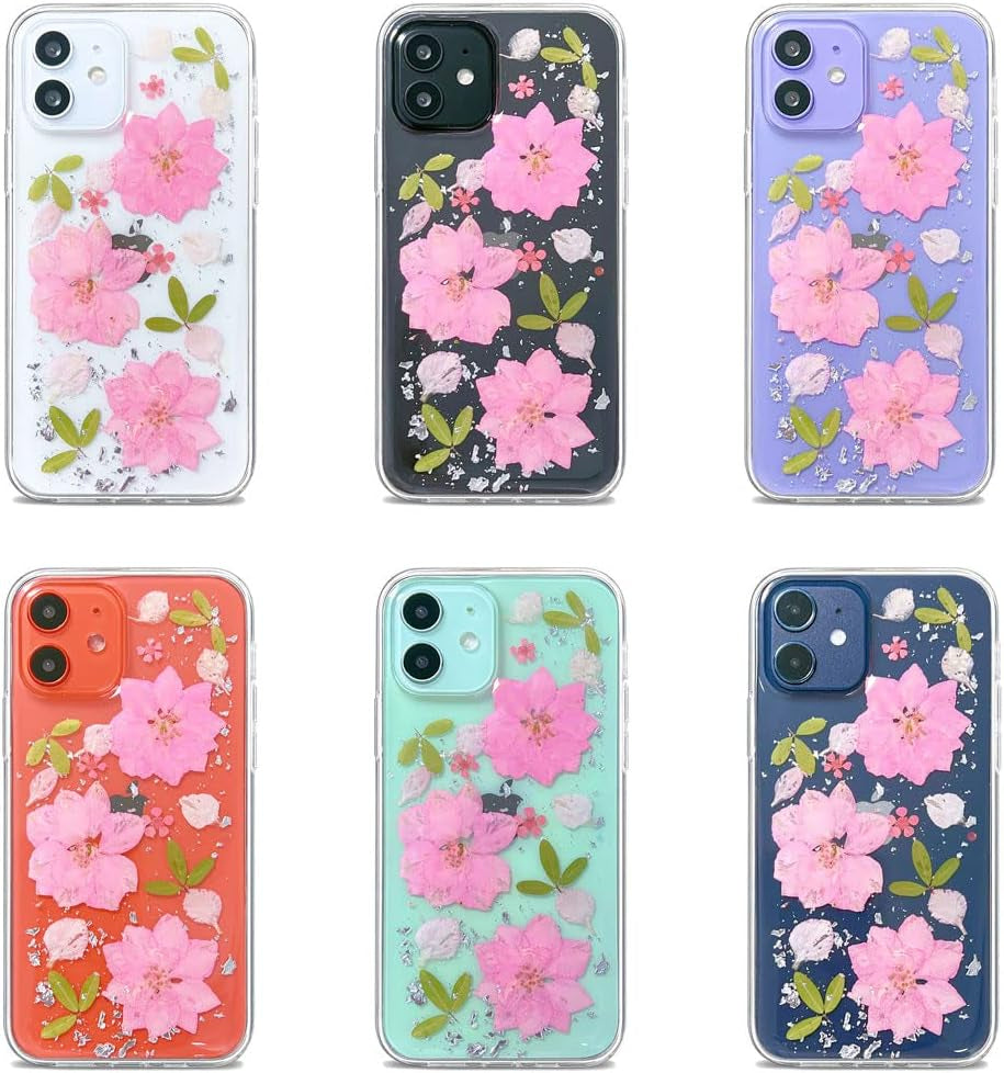 Abbery Designed for Iphone 12 Mini Case Glitter Flower Cute Bling Sparkle Clear with Design Soft Silicone TPU Real Dried Pressed Flowers Floral Aesthetic Phone Cover for Women Girls (3 Pink Flower)  Abbery   