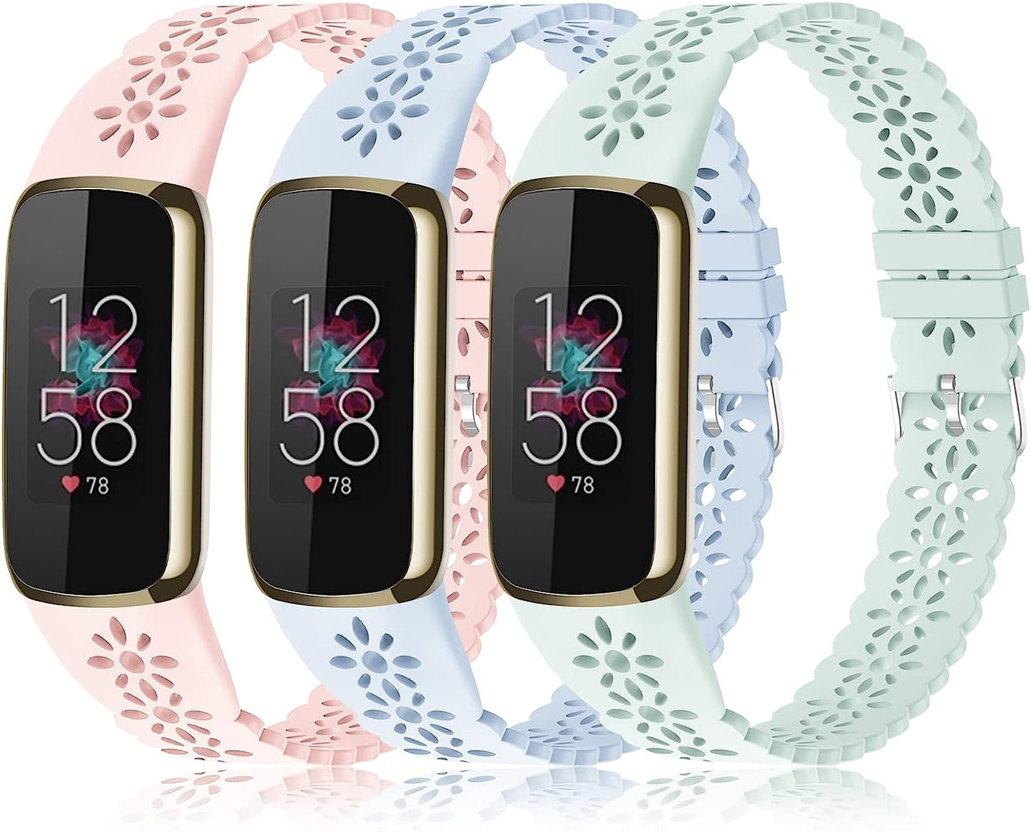 3 Pack Slim Sport Bands Compatible with Fitbit Luxe Band for Women, Soft Silicone Lace Thin Hollow-Out Replacement Wristbands Breathable Bands for Fitbit Luxe Fitness Smart Watch  Wewatri F-Pink/Light Blue/Light Green Suits for 5.6"-7.1" Wrists 