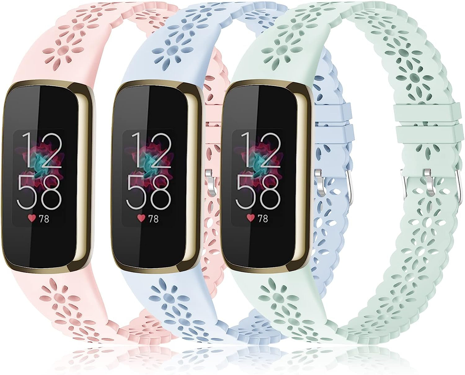 3 Pack Slim Sport Bands Compatible with Fitbit Luxe Band for Women, Soft Silicone Lace Thin Hollow-Out Replacement Wristbands Breathable Bands for Fitbit Luxe Fitness Smart Watch  Wewatri F-Pink/Light Blue/Light Green Suits for 5.6"-7.1" Wrists 