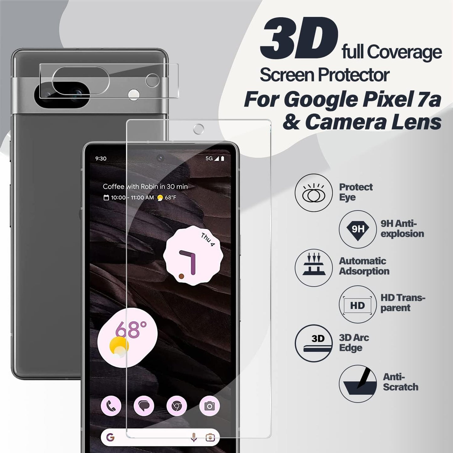Pixel 7A Tempered Glass Screen Protector + Camera Lens Protector [ 2 + 2 Pack ][Fingerprint Unlock] [Anti-Scratch] [Case Friendly] HD Clear Protective Film for Google Pixel 7A  BIGFACE   