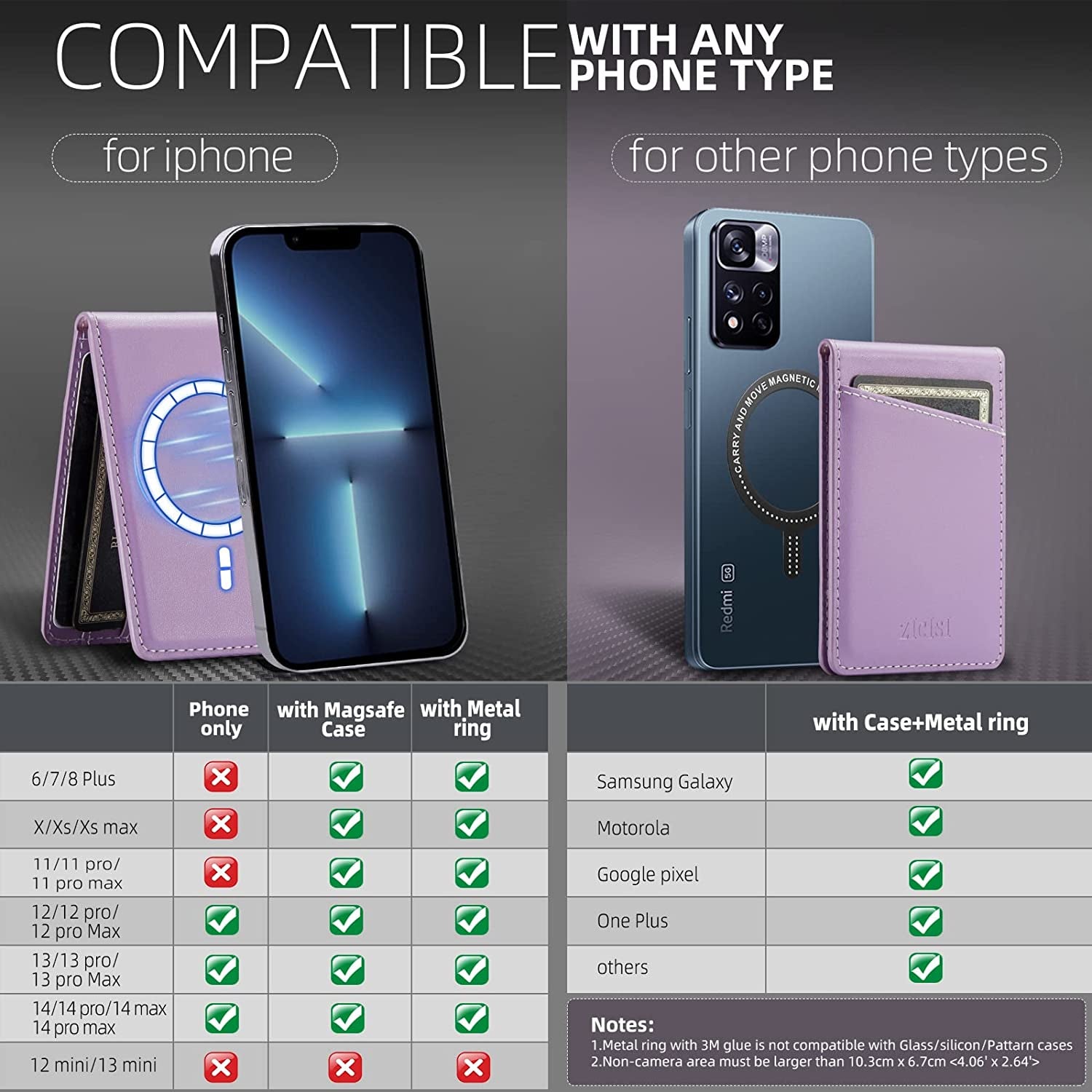 ZICISI Genuine Leather Detachable Magnetic Wallet Compatible with Magsafe Wallets Stand with 5 Card Slots & RFID Blocking&Metal Ring,For Iphone 14/13/12 Pro Max,Samsung and Android Phone Case,Purple  ZICISI   