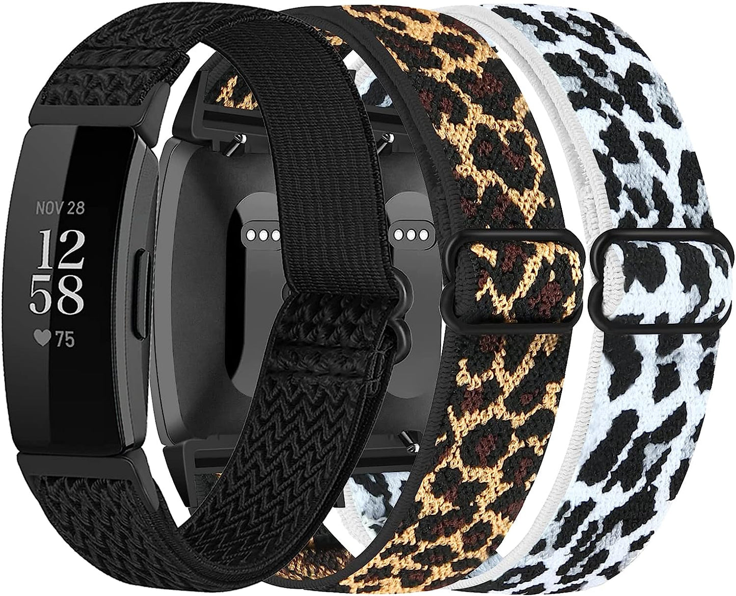 3-Pack Elastic Nylon Bands Compatible with Fitbit Inspire 2 / Inspire Hr/Inspire/Ace 2, Soft Adjustable Solo Loop Replacement Straps for Fitbit Inspire Fitness Tracker Women Men  DKGKOO Black+Yellow Leopard+White Leopard  