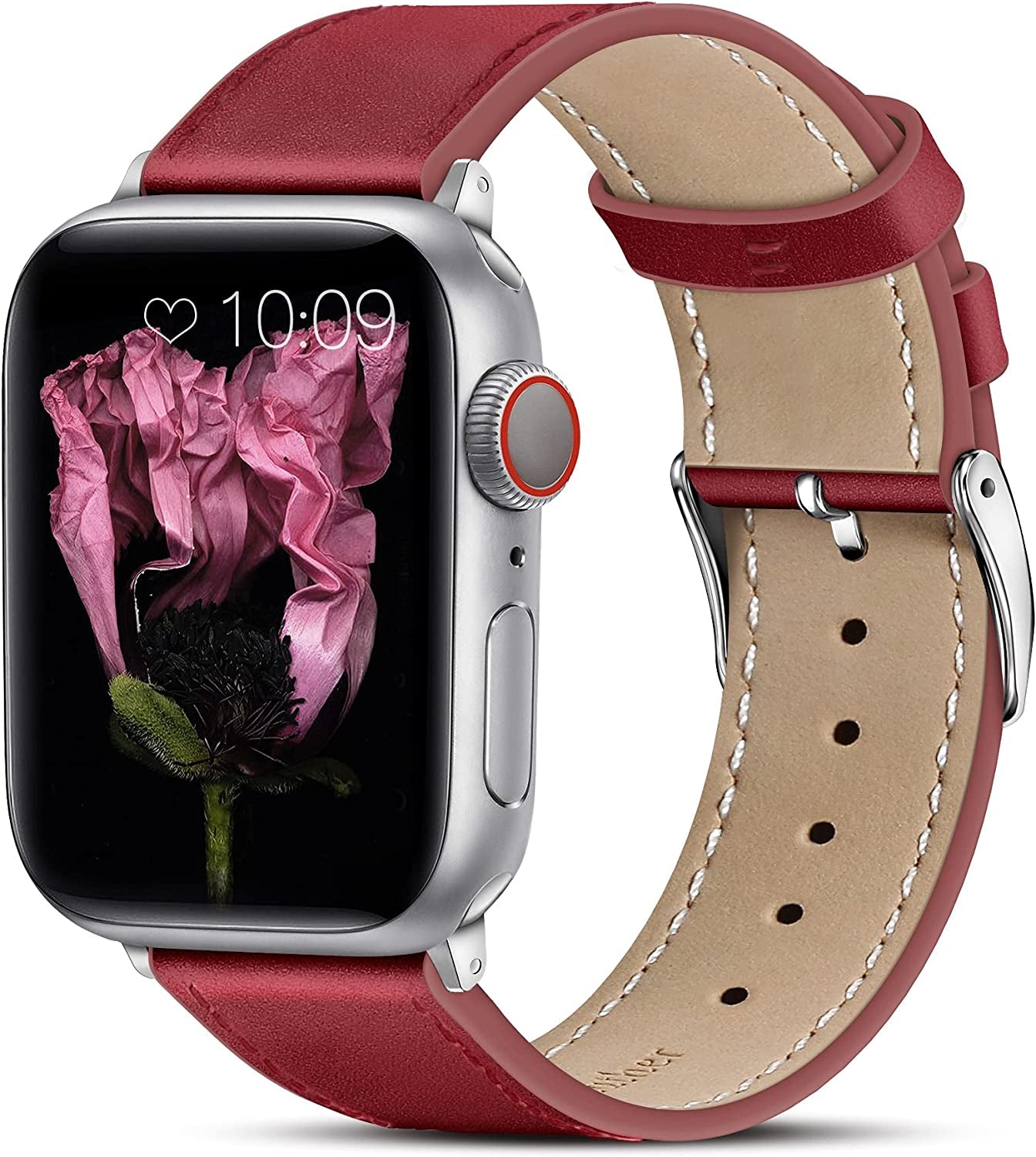 MARGE plus Compatible with Apple Watch Band Series SE 8 7 6 5 4 3 2 1 Ultra 49Mm 45Mm 41Mm 44Mm 40Mm 42Mm 38Mm, Genuine Leather Replacement Band for Iwatch, Leather Apple Watch Strap for Women & Men Brown  MARGE PLUS A-Red/Silver 42mm/44mm/45mm/49mm 