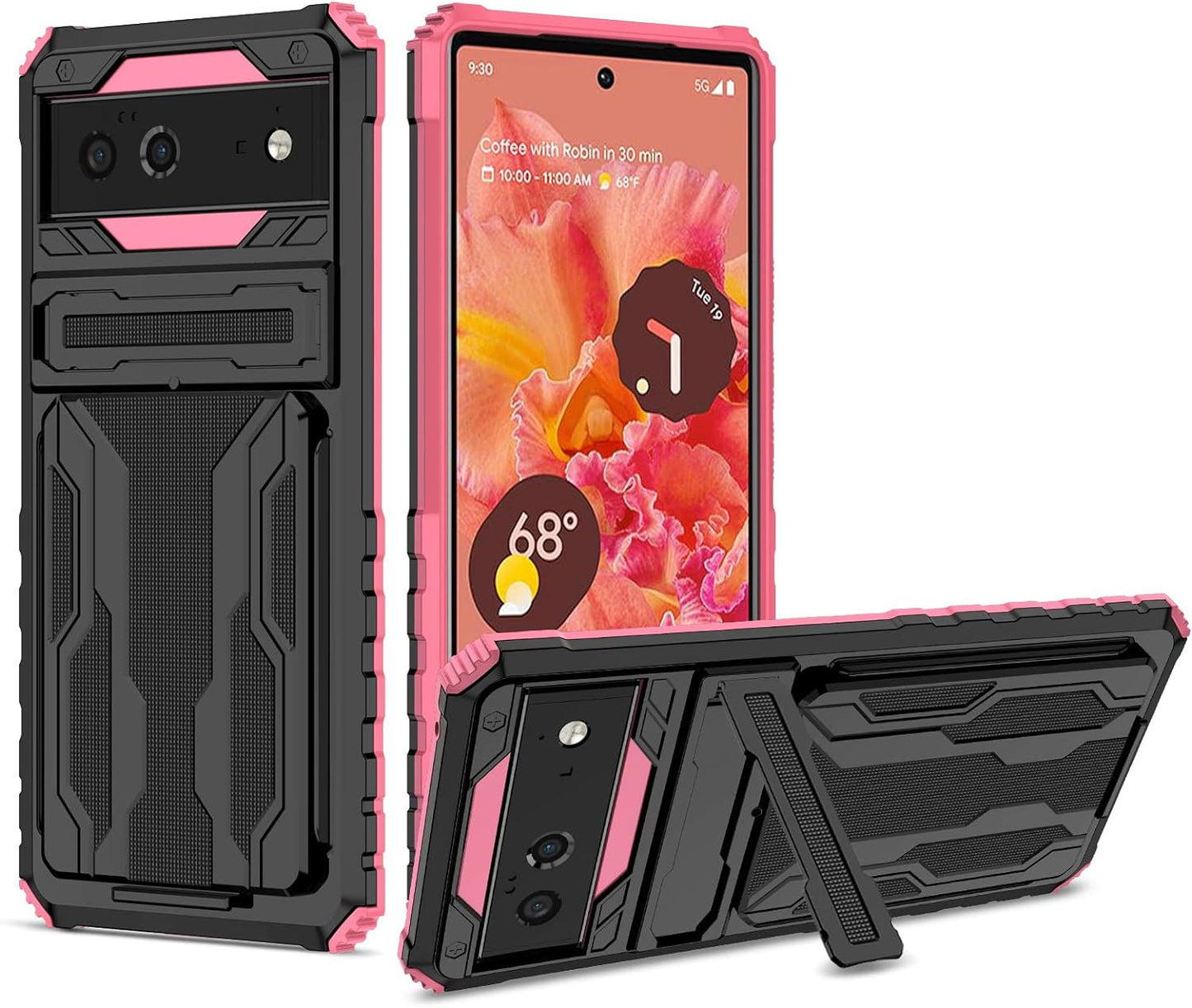 Military Grade Shockproof Heavy Duty Protective Case for Google Pixel 6 5G 2021 with Built-In Kickstand and Credit Card Slots Holder Fior Google Pixel 6 5G  Joie & Joho Pink  