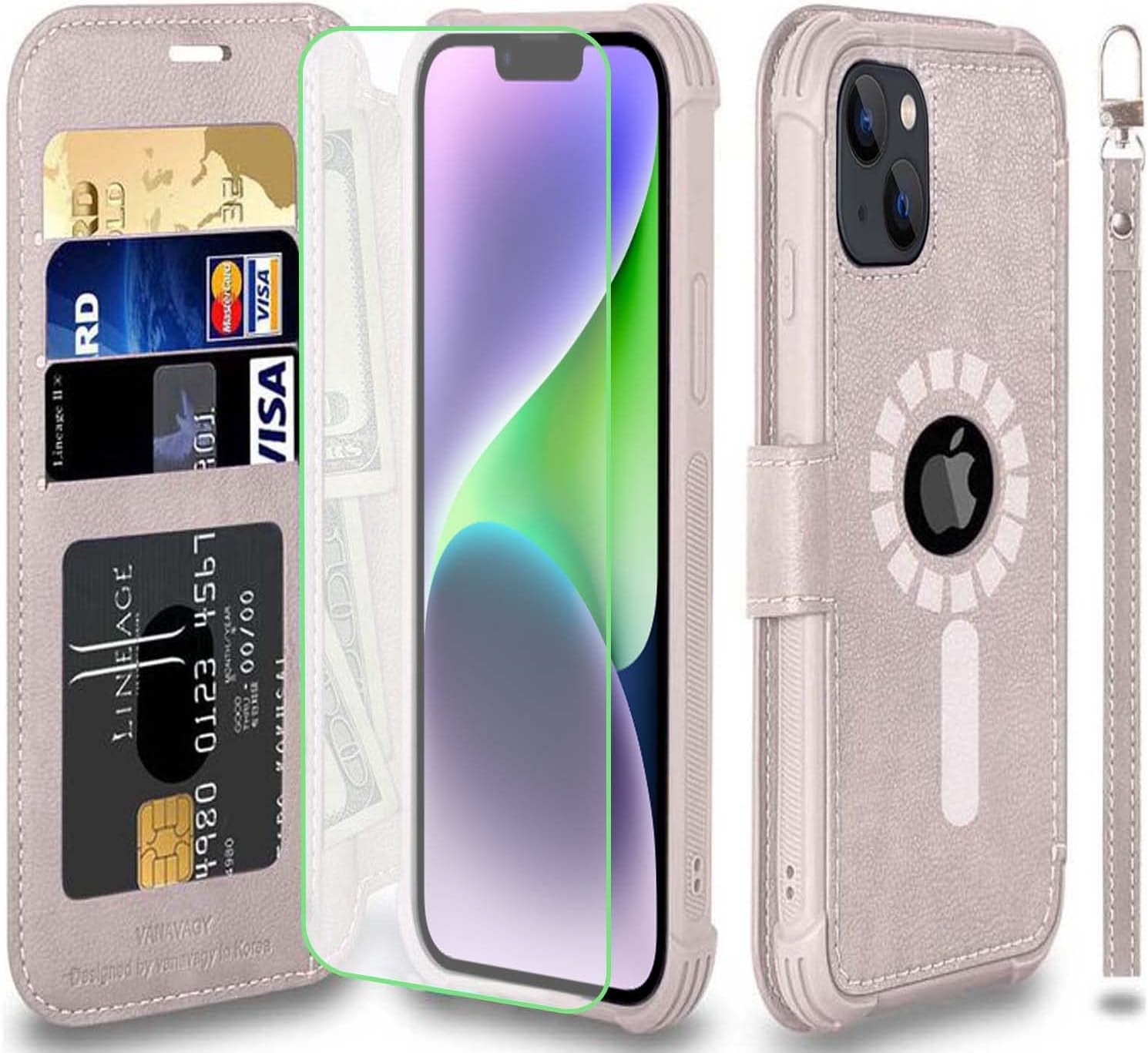 VANAVAGY Iphone 14 plus Wallet Case Magsafe,Leather Flip Folio Phone Cover Supports Magsafe and Wireless Charging with RFID Block Card Holder and Wrist Strap,Clove Purple  VANAVAGY Salmon pink（Not for iPhone 14 ）  