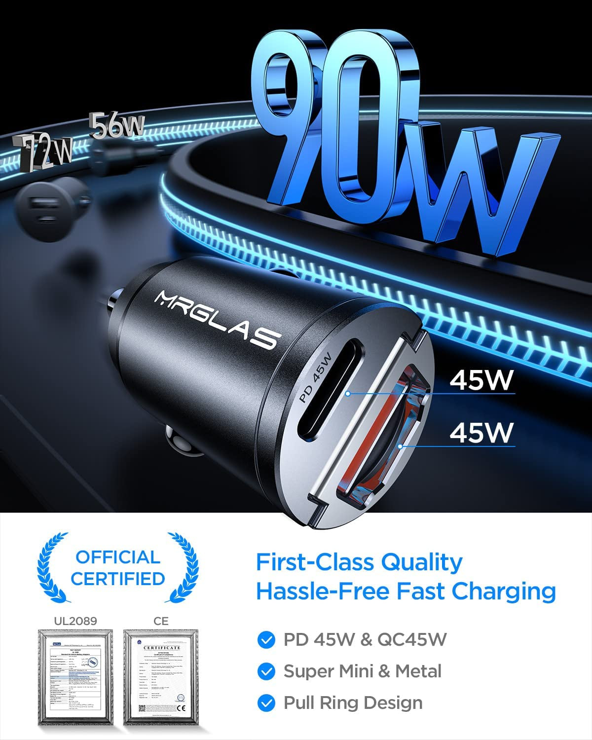 90W USB C Car Charger,[Super Mini Metal] USB C Car Charger Fast Charging Adapter PD+QC3.0 Dual Port MRGLAS Type C Car Cigarette Lighter USB Charger Compatible Iphone 14 13 Pro Max Ipad Samsung Macbook  MRGLAS   