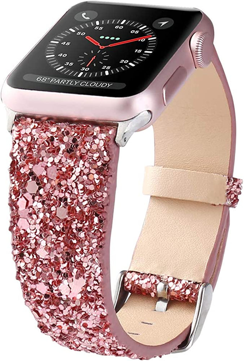 Bling Bands Compatible with Apple Watch Band 38Mm 40Mm 41Mm 42Mm 44Mm 45Mm 49Mm Women, Iwatch Strap Shiny Bling Glitter Leather Wristband for Apple Watch Series 8 7 6 5 4 3 2 1 SE Ultra  JOHIPI Rose Pink 42mm/44mm/45mm/49mm 