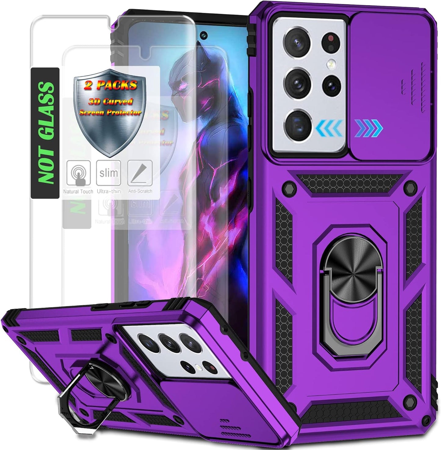 AYMECL Case for S21 Ultra 5G,Galaxys21 Ultra 5G Case with Slide Camera Cover&[2 Packs] Self-Healing Film,360° Rotate Ring Stand Magnetic Cover Case for Samsung Galaxy S21 Ultra 5G 6.8"-Blue  AYMECL Tc-Purple  