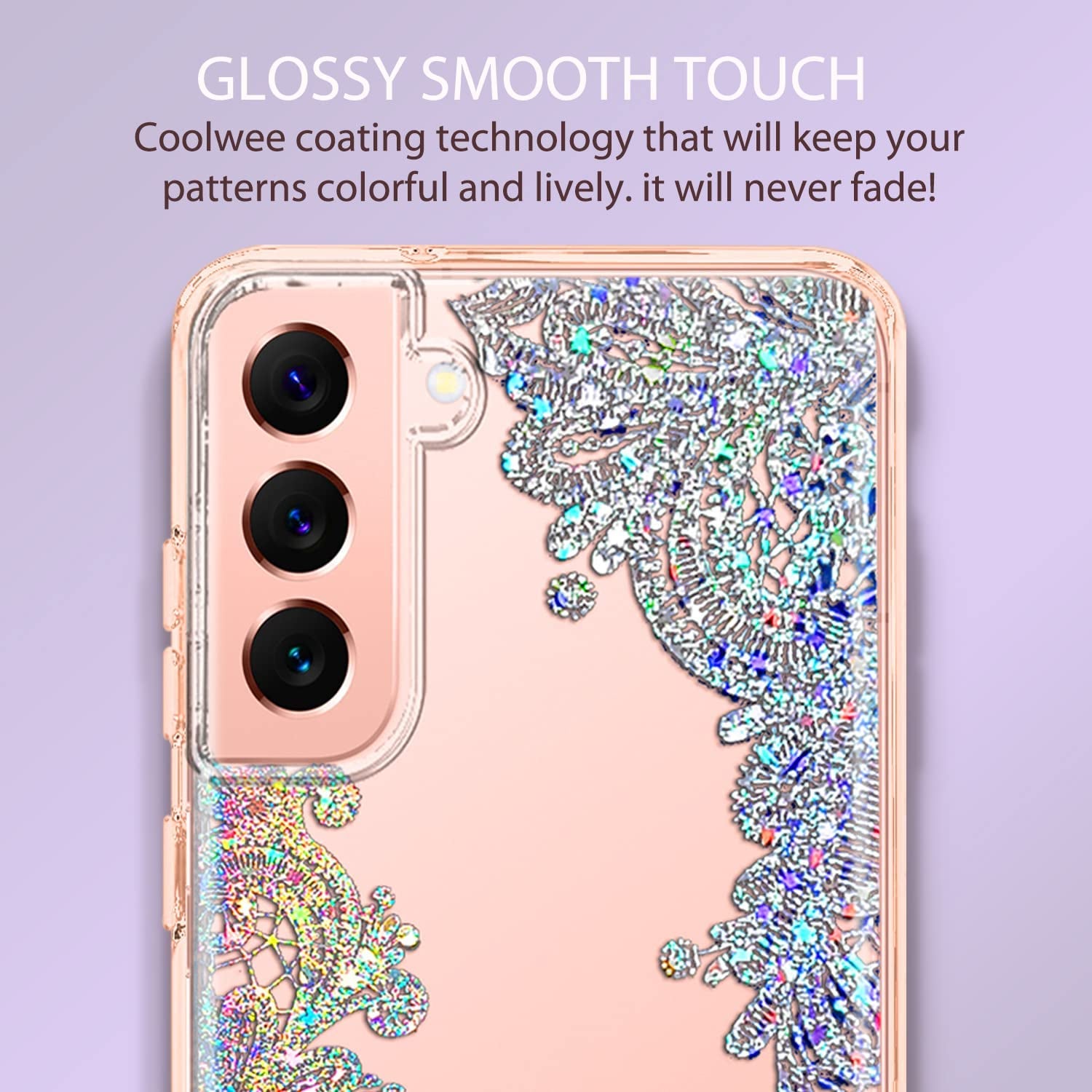 Coolwee Clear Glitter for Galaxy S22, 6.1 Inch, Thin Flower Slim Cute Crystal Lace Bling Shiny for Women Girls Floral Plastic Hard Back Soft TPU Bumper Protective Cover for Samsung S22 Mandala Henna  Coolwee   