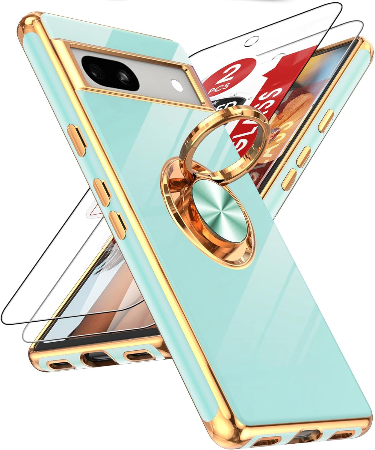 Leyi for Pixel 6A Case: with Tempered Glass Screen Protector [2 Pack] 360° Rotatable Ring Holder Magnetic Kickstand, Plating Rose Gold Edge Protective Google Pixel 6A Case, Pink  LeYi Mint Google Pixel 7A 