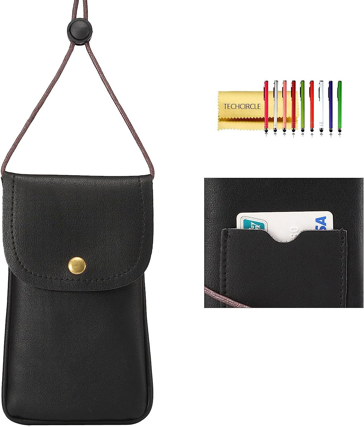Cell Phone Neck Pouch, Techcircle PU Leather Carrying Bag with Credit Card Holder Adjustable Strap, Small Travel Purse for Iphone 11 XR XS Max SE 8 7 6 Plus, Galaxy S10 S7 Edge A10 J7, Moto G6 (Brown)  Techcircle 01 Black  