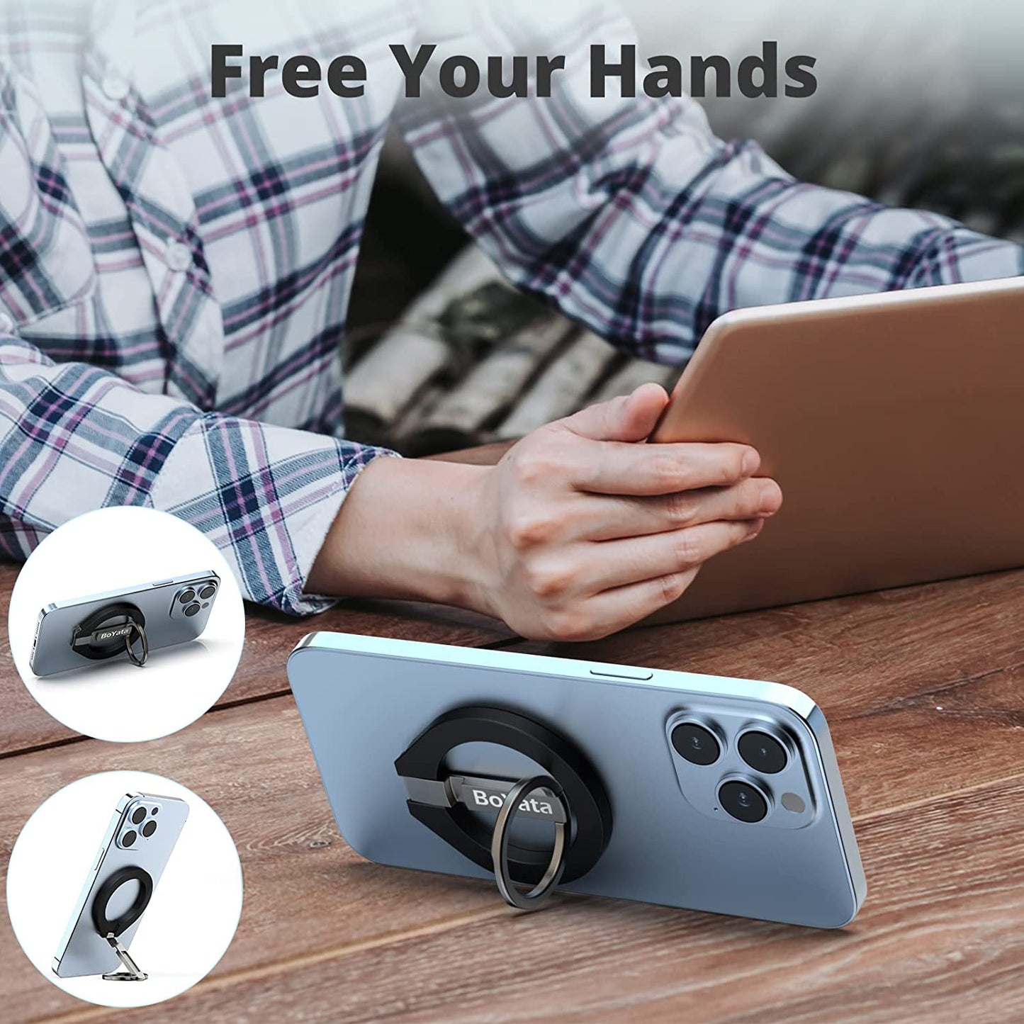 Boyata Magnetic Phone Ring Holder, 360° Rotating Phone Grip for Magsafe, Adjustable & Detachable Finger Ring Stand Compatible for Iphone 12/13/14, Iphone Series & Android Devices Use with Iron Ring  BoYata   