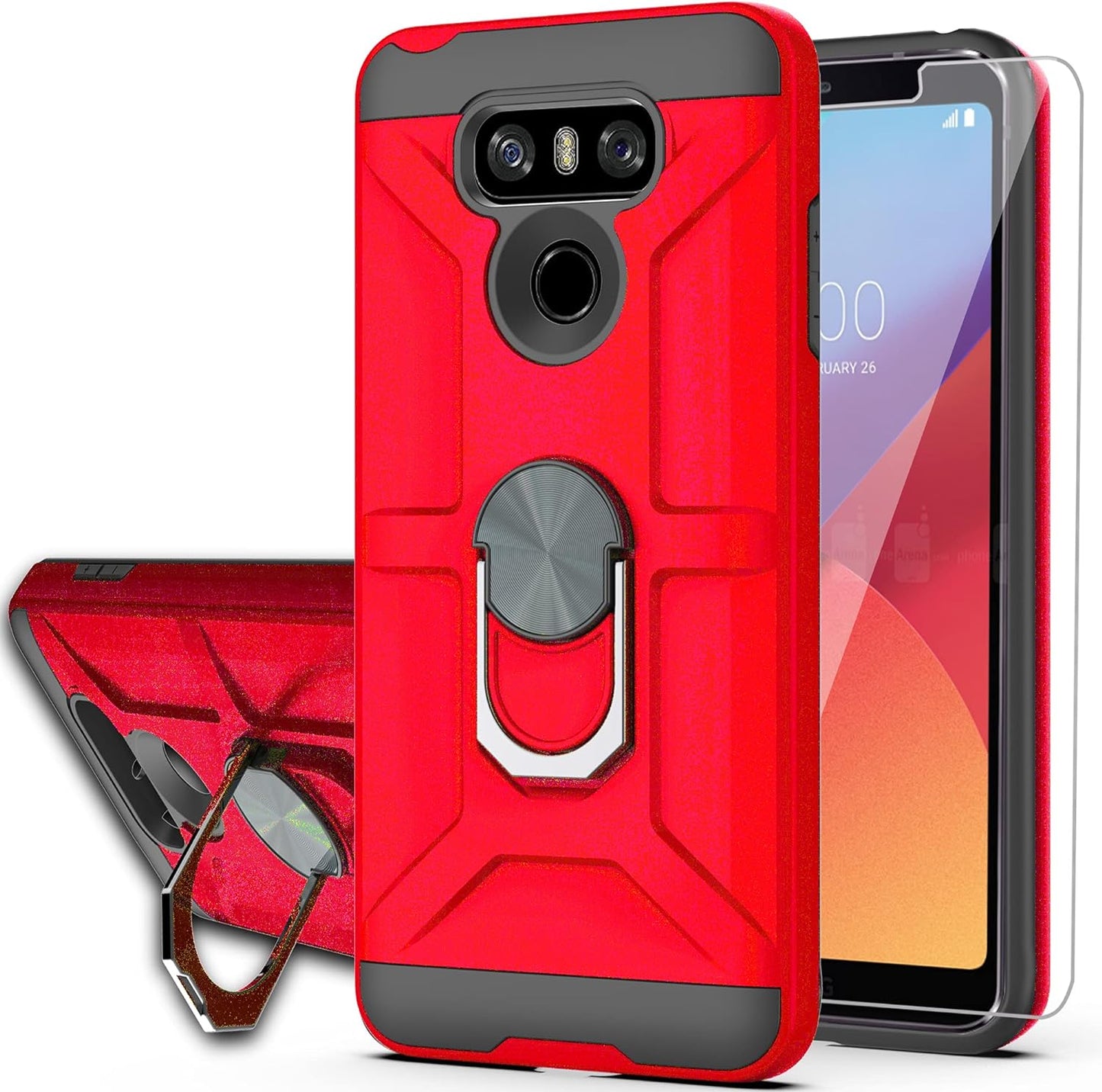 Ymhxcy Compatible for LG G6/G6 plus Case with HD Screen Protector，360 Degree Rotating Ring Kickstand Holder Dual Layers of Shockproof Phone Case for LG G6-ZS Mint  YmhxcY Zs-Red  