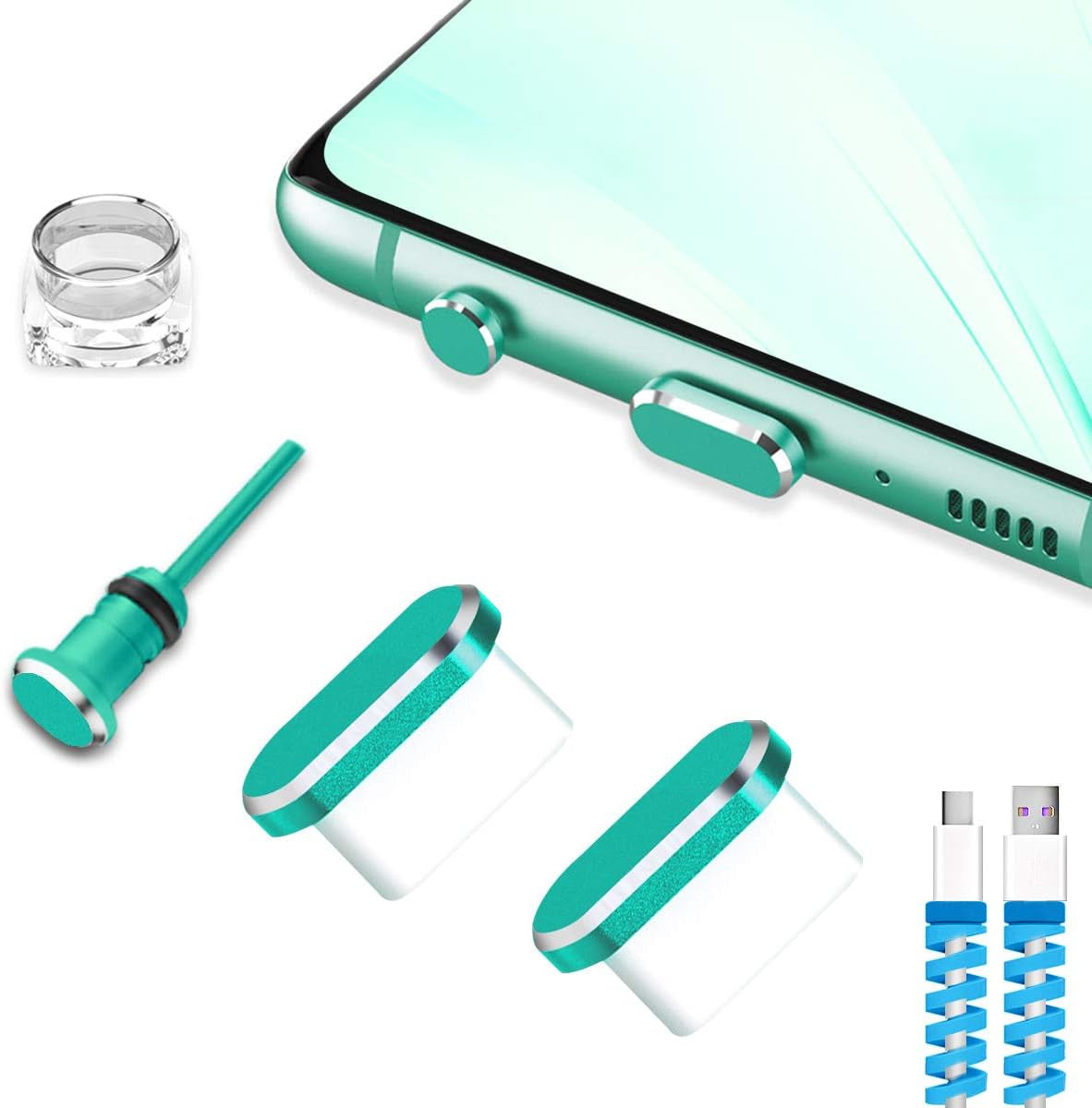 VIWIEU USB Type C Dust Plugs Charging Port Cover Caps with Earphone Jack Pin and Cable Protectors 2 Pack Compatible with Samsung Galaxy S22/S21/S20+ Ultra/Z Flip 4/Z Fold 4, Pixel 6A Oneplus 10T Black  VIWIEU Green  