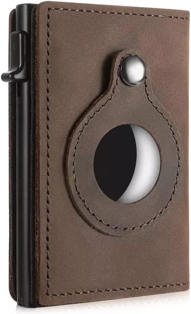 JAT Leather Airtag Men Wallet Genuine Crazy Horse Leather Automatic Pop up Wallet with Airtag Front Pocket (Carbon Fiber)  JAT Brown  