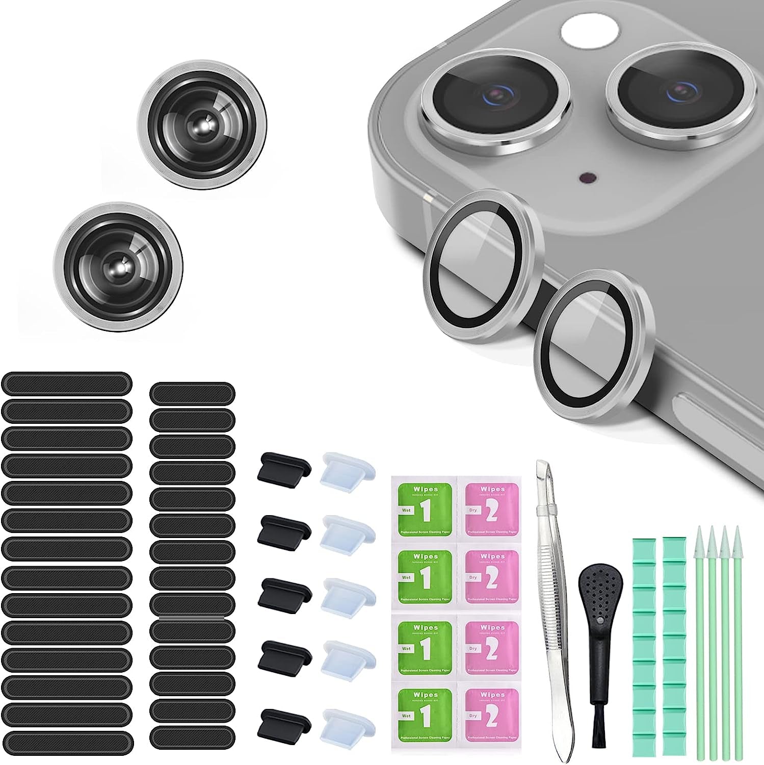 16 PCS Iphone Metal Speaker Dust Cover (8PCS Black and 8PCS Silver) 2PCS Iphone Metal Dust Plug 10PCS Silicone Dust Plugs,With Cleaning Tools Compatible Iphone 12/13 /14 Pro/Pro Max/Iphone Series  Pohgelan Silver iphone 13/13mini 