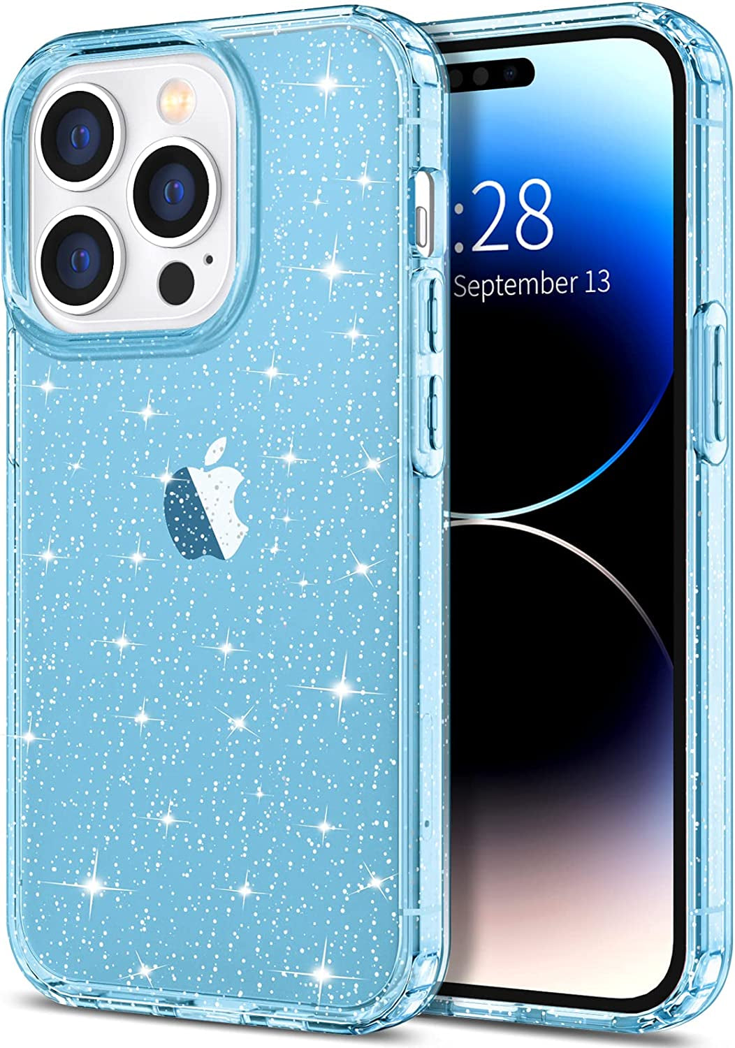 Hython Case for Iphone 14 Pro Max Case Glitter, Cute Sparkly Clear Glitter Shiny Bling Sparkle Cover, Anti-Scratch Soft TPU Slim Fit Shockproof Protective Phone Cases for Women Girls, Black Glitter  Hython Blue Glitter  