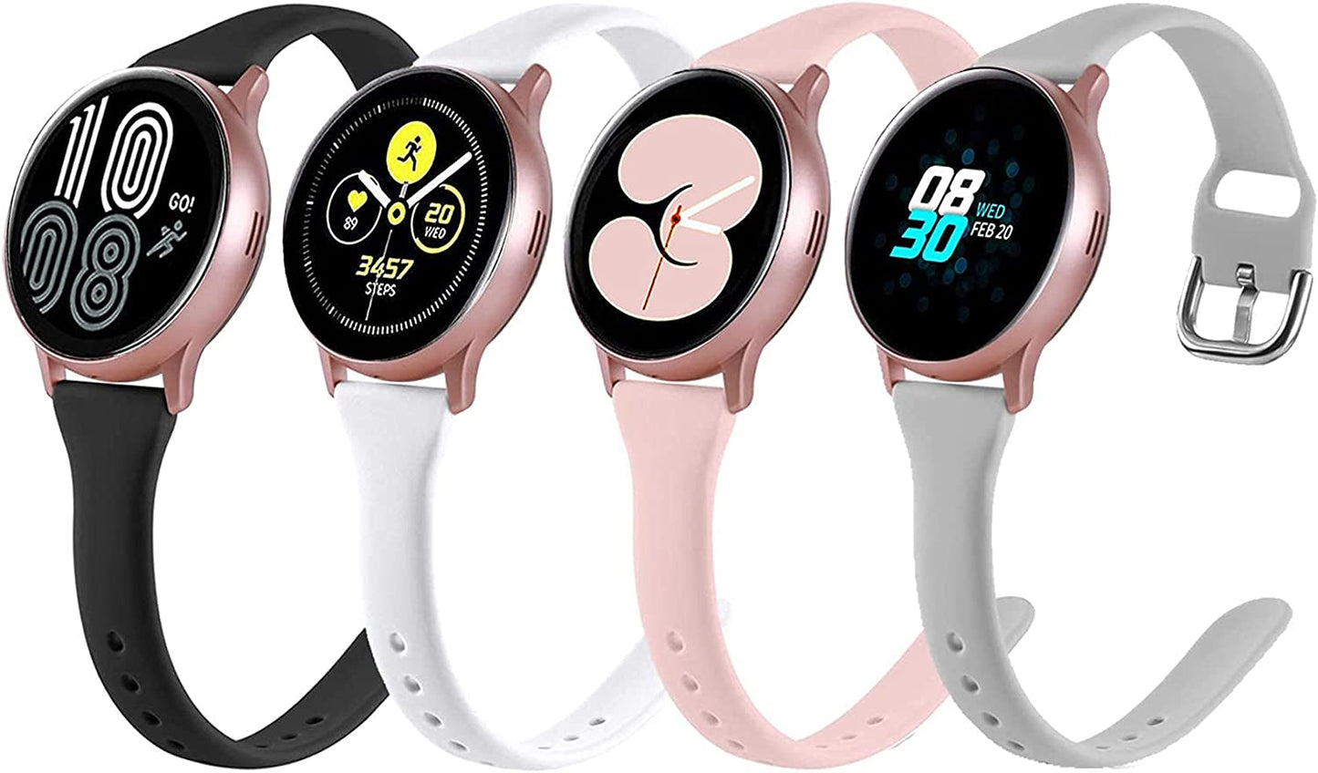 4 Pack Bands Compatible with Samsung Galaxy Watch 4 /Galaxy Watch 5 40Mm 44Mm/ Galaxy Watch 4 Classic /Galaxy Watch 5 Pro 45Mm/ Galaxy Active 2 40Mm 44Mm, 20Mm Soft Slim Silicone Sport Straps for Women Men (Small, Black/Navy Blue/Pine Green/Plum)  Suremita Black/White/Gray/Pink Small 