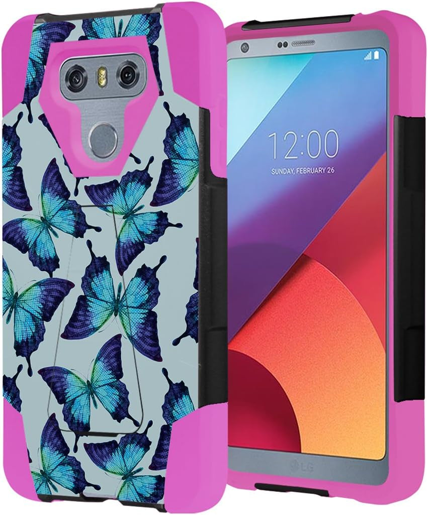 Capsule Case Compatible with LG G6 [Hybrid Fusion Dual Layer Shockproof Combat Kickstand Case Black Pink] for LGG6 LG G6 2017 - (Blue Butterfly Pattern)  HRWireless   