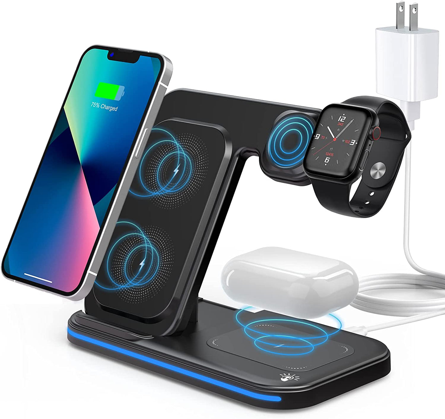 Charger Station for Apple Multiple Devices, 3 in 1 Fast Wireless Charger Stand Dock Foldable for Iphone 14 13 12 11 Pro X XS 8 plus Apple Watch Series 8 7 6 SE 5 4 3 2 & Airpods 3/2/Pro with Adapter  Shenzhen OJD Technology Co.，LTD   