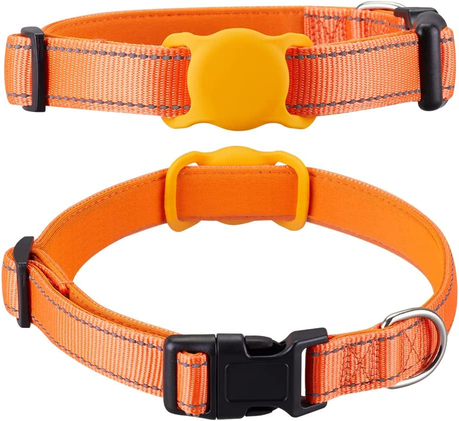 Airtag Dog Collar for Small Medium Large Dogs, Animire Soft Neoprene Padded Pet Cat Collar, Nylon Puppy Collar with Silicone Air Tag Case Holder Accessories, 9''-16'' Neck  Animire Orange XS:8"-12" Neck 