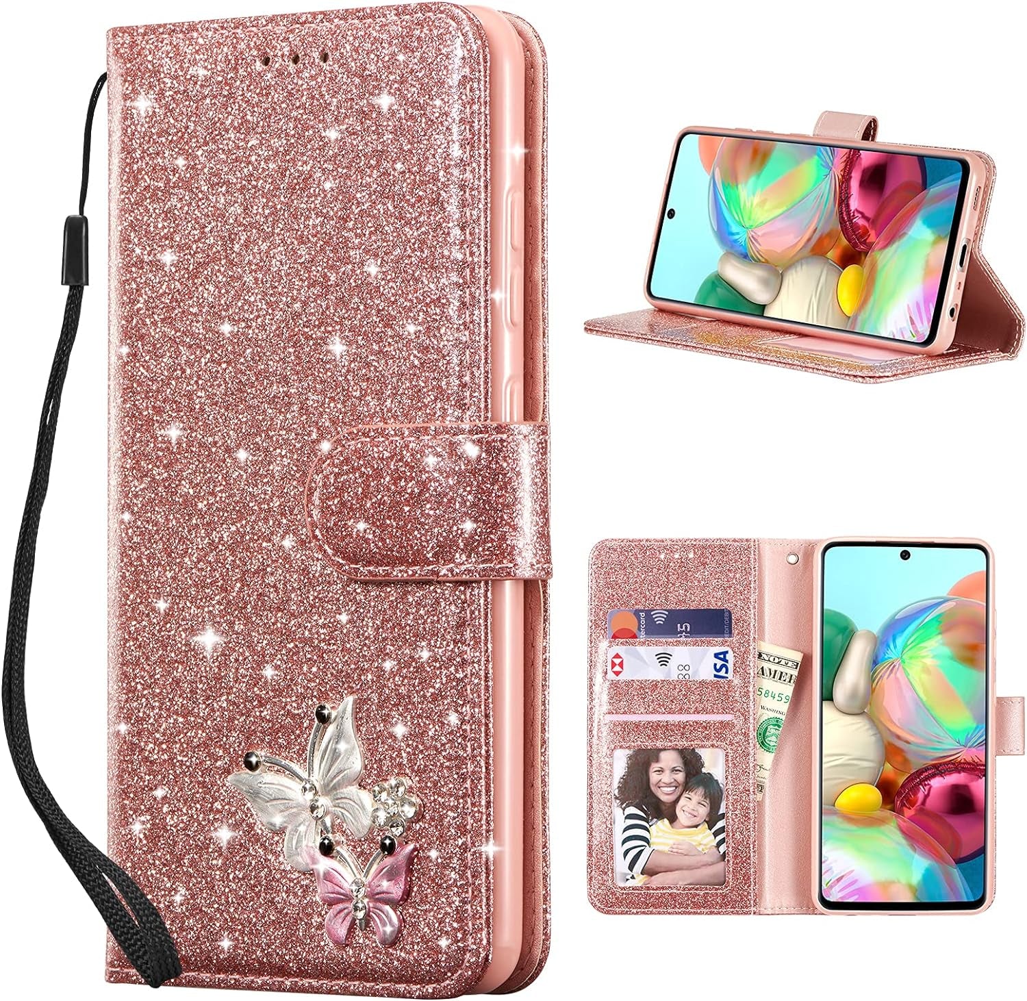 UEEBAI Wallet Case for Samsung Galaxy A53 5G, Premium Glitter PU Leather Phone Case Card Slots Kickstand Case Magnetic Closure Bling Handbag Case Shockproof Hand Strap Flip Cover - Glitter Purple  UEEBAI Rose Gold Samsung Galaxy A52 4G/5G A52S 5G 