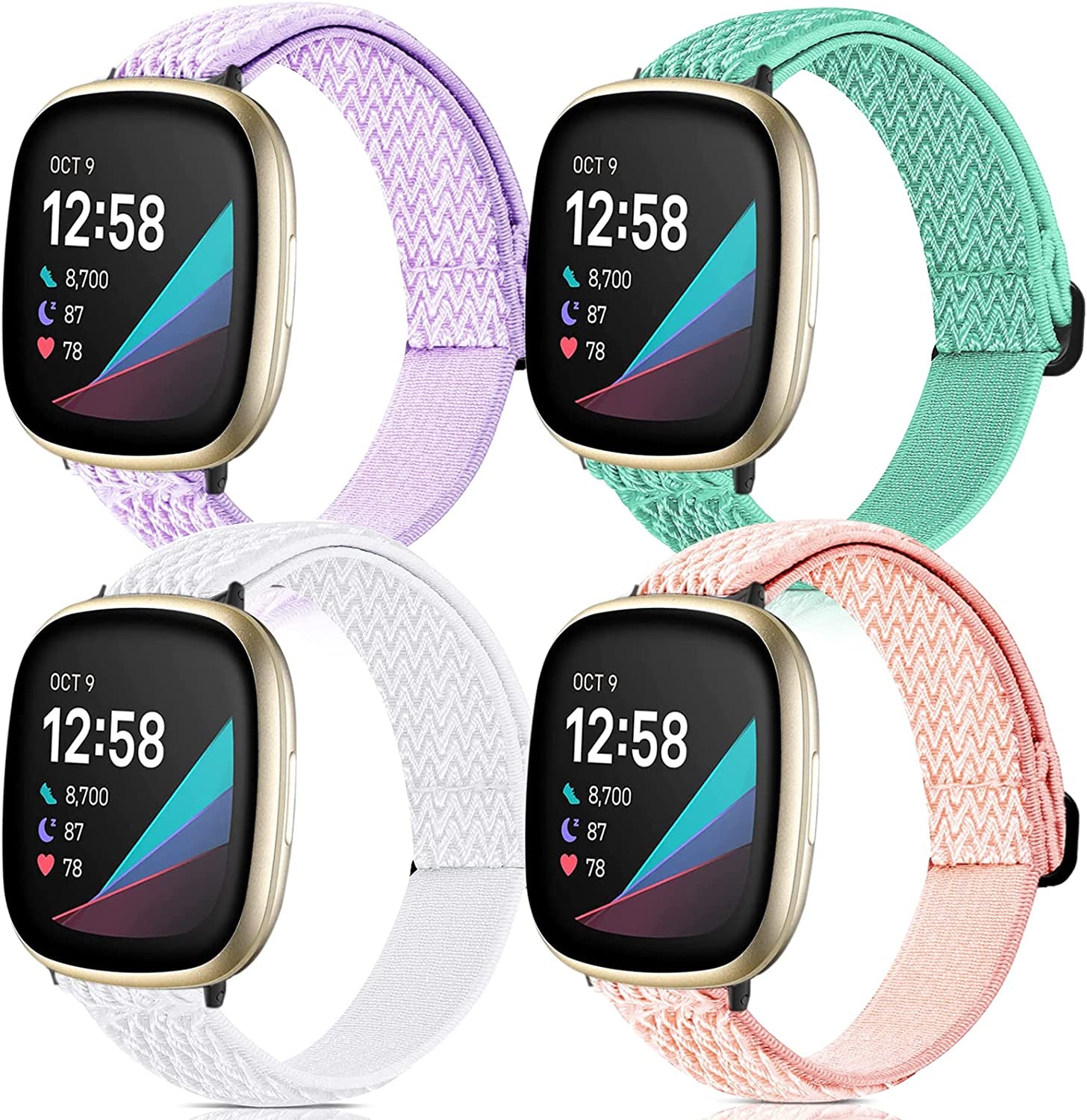 4 Pack Stretchy Bands Compatible with Fitbit Versa 3/Fitbit Versa 4/Fitbit Sense 2/Fitbit Sense Bands Women Men, Adjustable Elastic Breathable Loop Nylon Replacement Straps for Fitbit Sense & Versa 3  POHNUI White & Pink & Purple & Light Green  