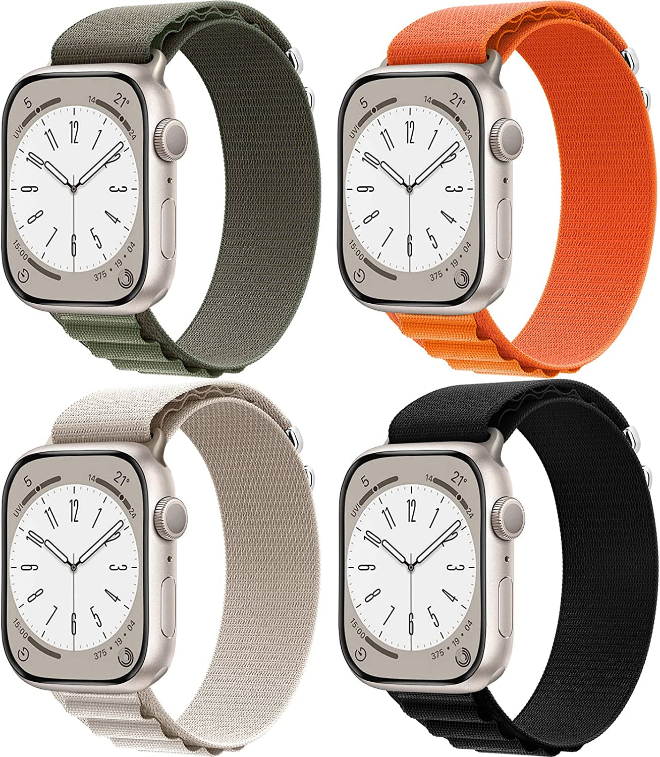 4 Pack Alpine Loop Nylon Band Compatible with Apple Watch Band 49Mm 45Mm 44Mm 42Mm Women Men,Adjustable Sport Metal C-Hook Strap for Iwatch Ultra Series SE 8/7/6/5/4/3/2/1,Black/Orange/Starlight/Green  AWYNJY   