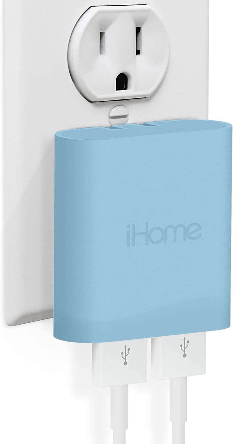 Ihome Slim USB Wall Charger: AC Pro Multiport USB Charger, USB Plug Adapter & Phone Charging Block, 4 USB Plugs for Wall Outlet, Flat 4 Port USB Charger & USB Wall Adapter  iHome by Lifeworks Technology Pastel Blue 2 Port Rapid Charge 