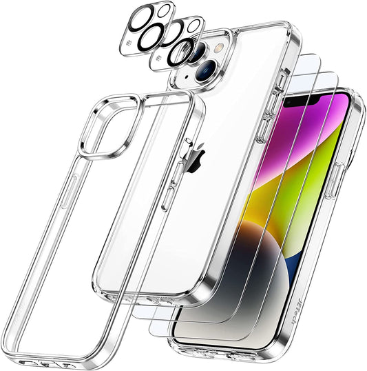 Jetech 3 in 1 Case for Iphone 14 6.1-Inch, with 2-Pack Screen Protector and Camera Lens Protector, Non-Yellowing Shockproof Bumper Phone Cover, Full Coverage Tempered Glass Film (Clear)  JETech Clear  