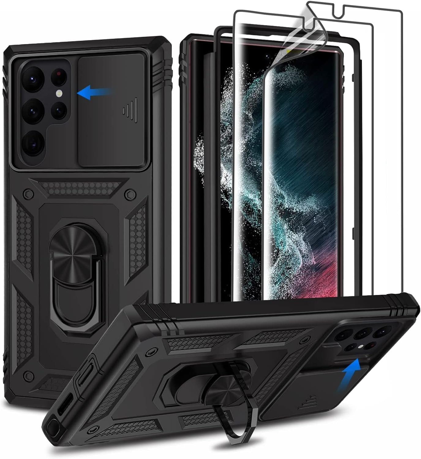 THMEIRA Samsung Galaxy S21 Ultra Case, Armor Phone Case for Samsung S21 Ultra with Screen Protector [Soft 2 Pcs] with Camera Cover, Galaxy S21 Ultra Magnetic Ring Case Anti-Fall Drop Protection, Black  THMEIRA 3 In 1 Samsung S22 Ultra Case 