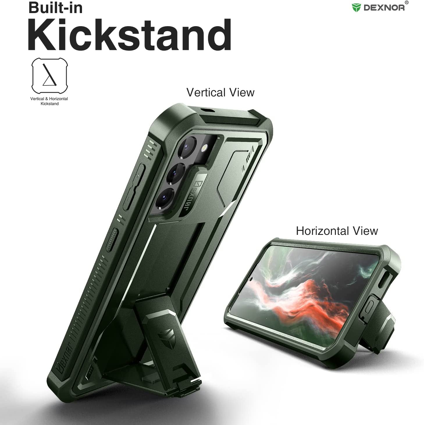 Dexnor for Samsung Galaxy S21 Case, [Built in Screen Protector and Kickstand] Heavy Duty Military Grade Protection Shockproof Protective Cover for Samsung Galaxy S21 5G, 6.2 Inch, Army Green  Dexnor   