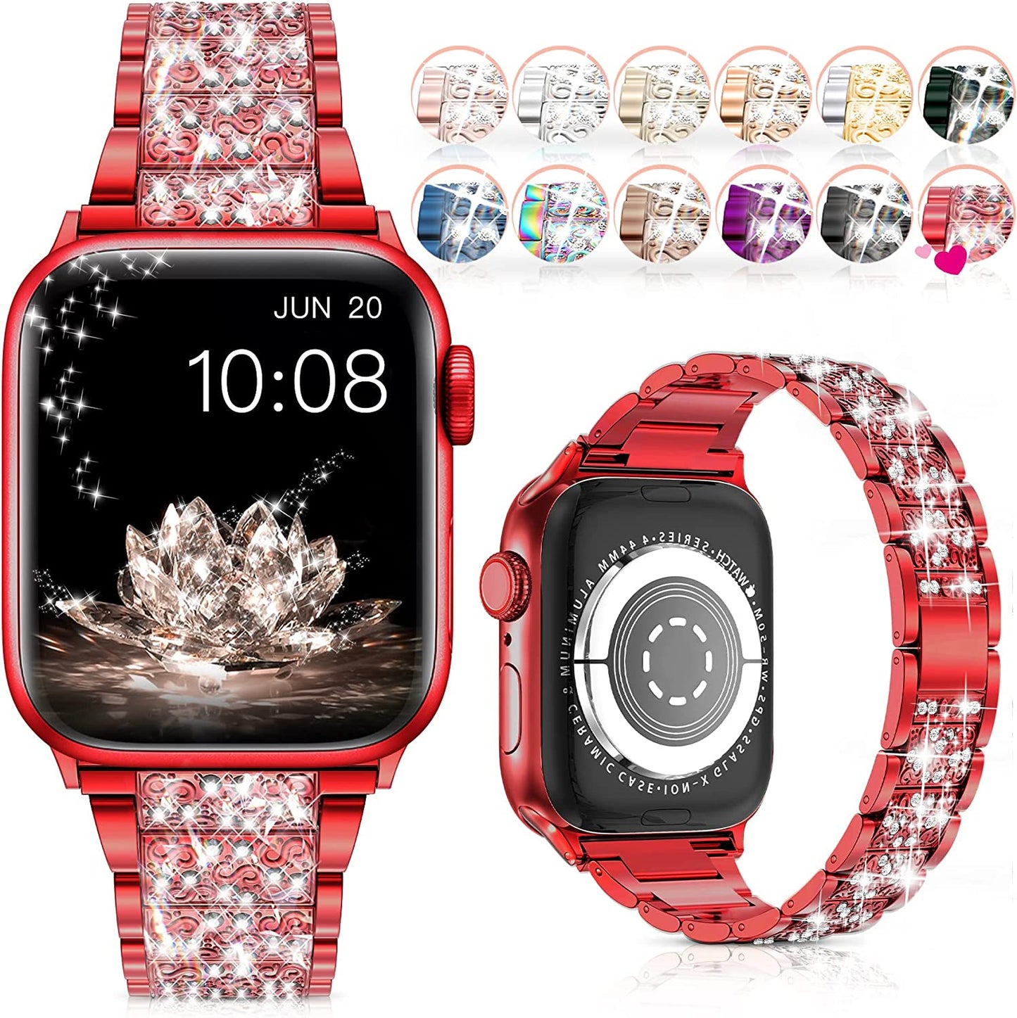 LELONG for Apple Watch Band 38Mm 40Mm 41Mm Series 8 Series 7 6 5 4 3 2 1 SE Ultra, Bling Replacement Bracelet Iwatch Band, Diamond Rhinestone Stainless Steel Metal Wristband Strap  LELONG AF-Red 38mm/40mm/41mm 