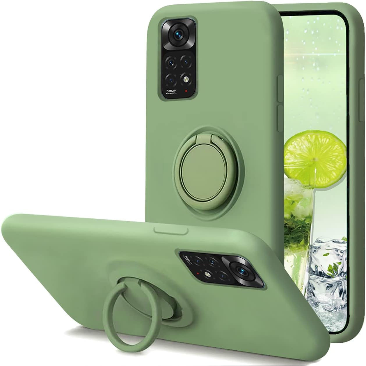 Case for Xiaomi Poco M4 Pro 5G Silicone Liquid,Soft Gel Microfiber Lining Cushion Bumper for Xiaomi Poco M4 Pro 5G with Ring Holder Kickstand Support Magnetic Case Black  Leton Green  