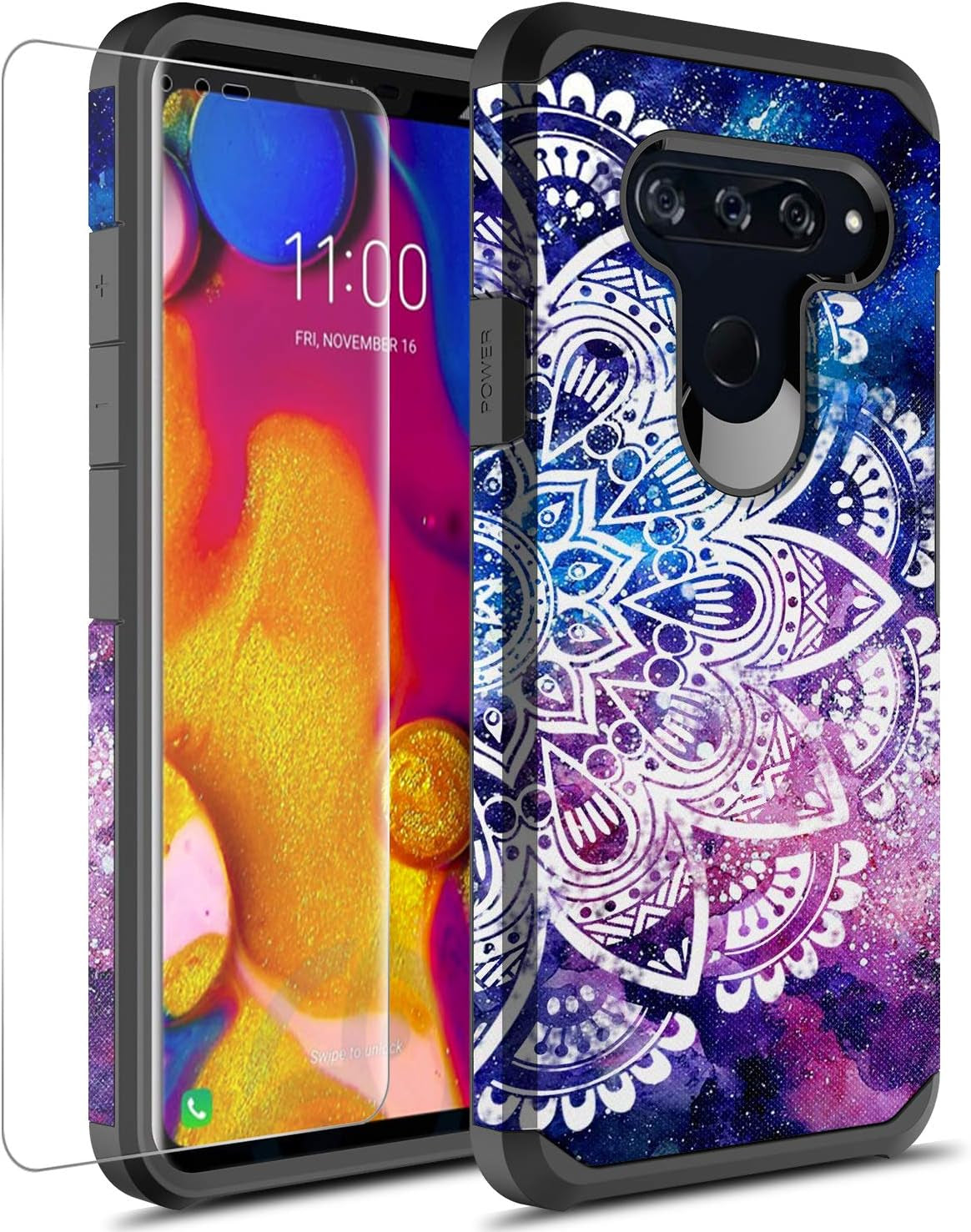 GORGCASE Phone Case Compatible for LG V40 THINQ CASE with Screen Protector,Slim Cute PC TPU Shock-Proof Dual Layer Bumper Girls Women Armor Drop Protection Protective Cover LG V40 Galaxy Star  GORGCASE Mandala  