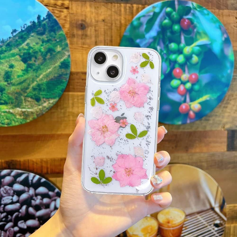 Abbery Designed for Iphone 13 Pressed Flower Case, Cute Clear with Design Bling Glitter Sparkle Soft TPU Transparent Dried Real Flower Floral Aesthetic Case for Women Girls (3 Pink Flower)  Abbery   