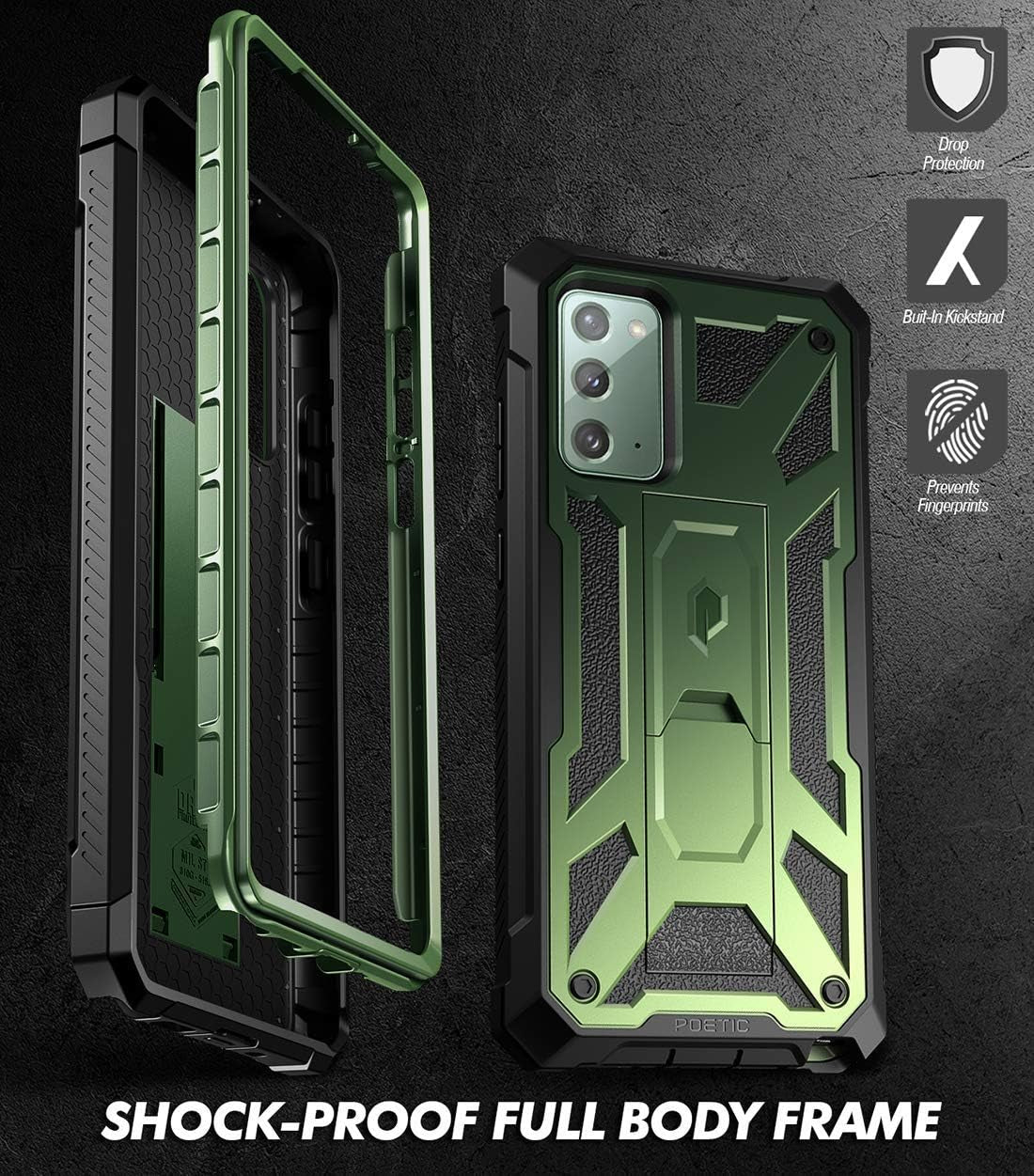 Poetic Spartan Series for Samsung Galaxy Note 20 Case, Full-Body Rugged Dual-Layer Metallic Color Accent with Premium Leather Texture Shockproof Protective Cover with Kickstand, Metallic Green  Poetic   