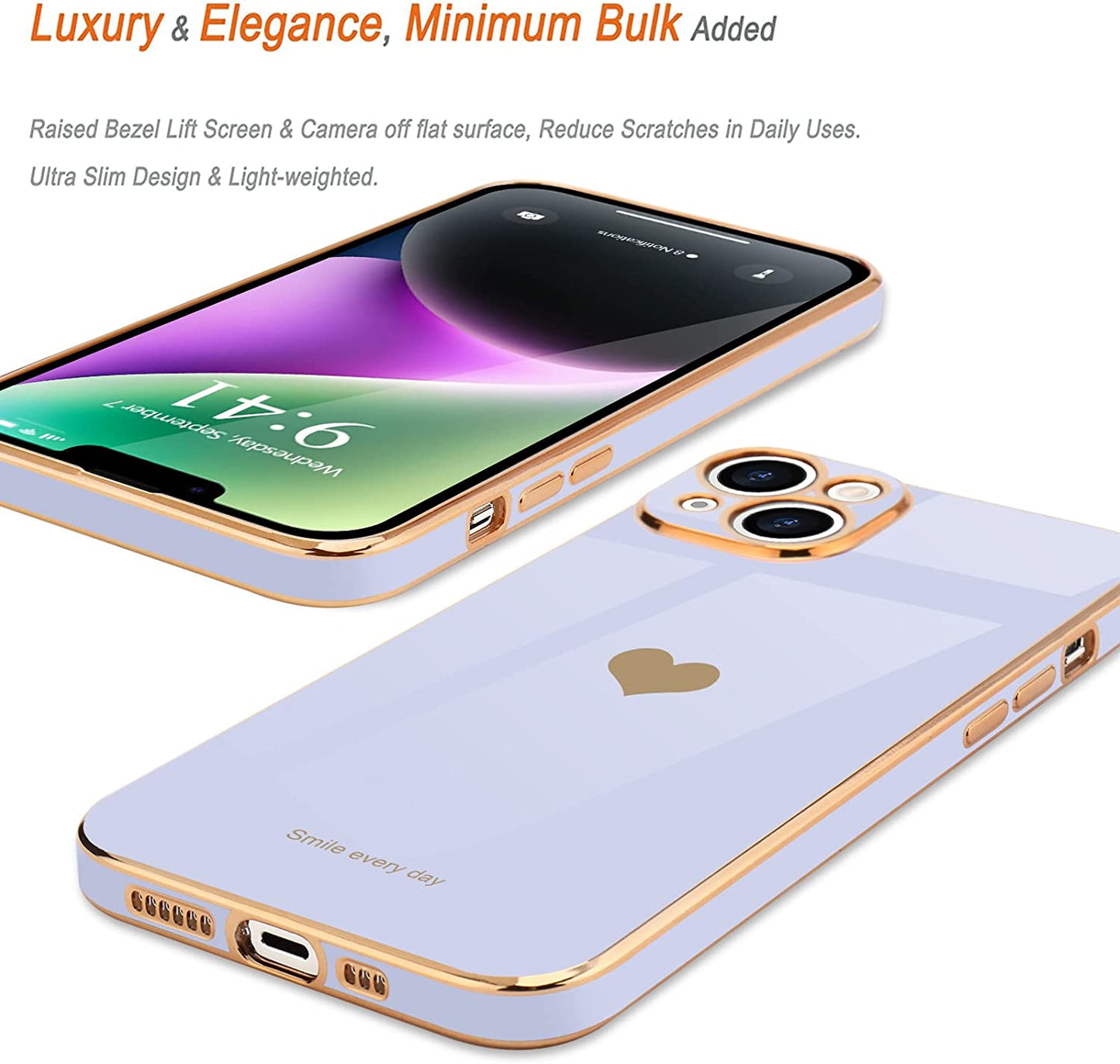 Teageo for Iphone 14 Case for Women Girl Cute Love Heart Luxury Electroplate Plating Soft Bling Back Cover Raised Full Camera Protection Bumper Silicone Shockproof Phone Case for Iphone 14, Purple  janzee   