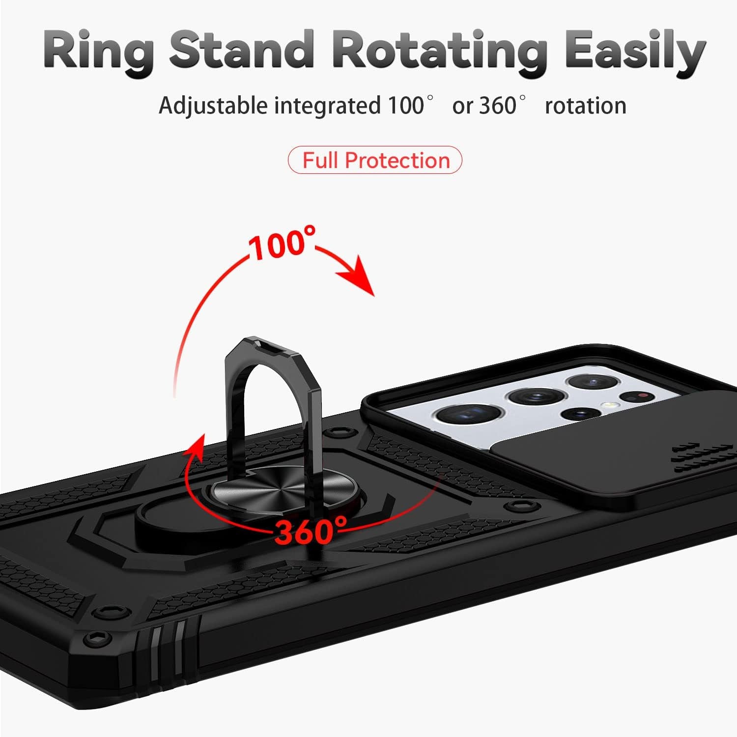 For Samsung Galaxy S21 Ultra Case with Camera Lens Cover HD Screen Protector, Military-Grade Drop Tested Magnetic Ring Holder Kickstand Protective Phone Case for Samsung Galaxy S21 Ultra 5G (Black)  JINZHI Inc   