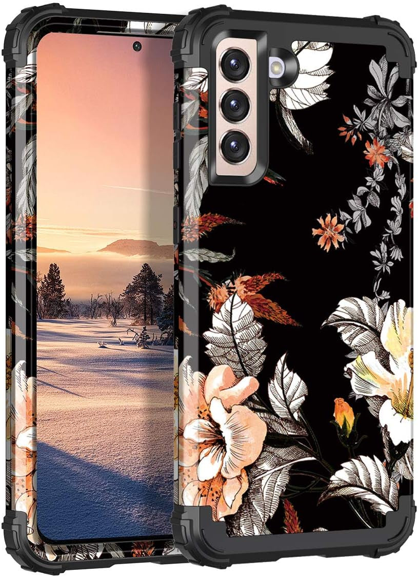 Casetego for Galaxy S21 5G Case,Floral Three Layer Heavy Duty Sturdy Shockproof Soft Tpu+Hard PC Protective Cover Case for Samsung Galaxy S21 5G 6.2 Inch,Orange/Black  Casetego   