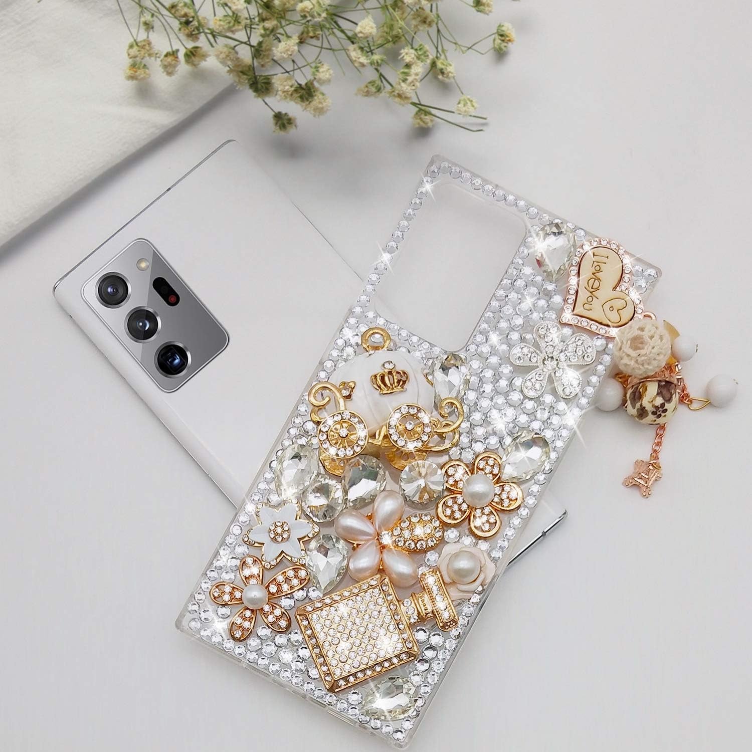 Guppy for Galaxy Note 20 Ultra Case Women Luxury 3D Bling Shiny Rhinestone Diamond Crystal Pearl Handmade Pendant Iron Tower Pumpkin Car Flowers Soft Protective Anti-Fall Case for Galaxy Note 20 Ultra  Guppy   