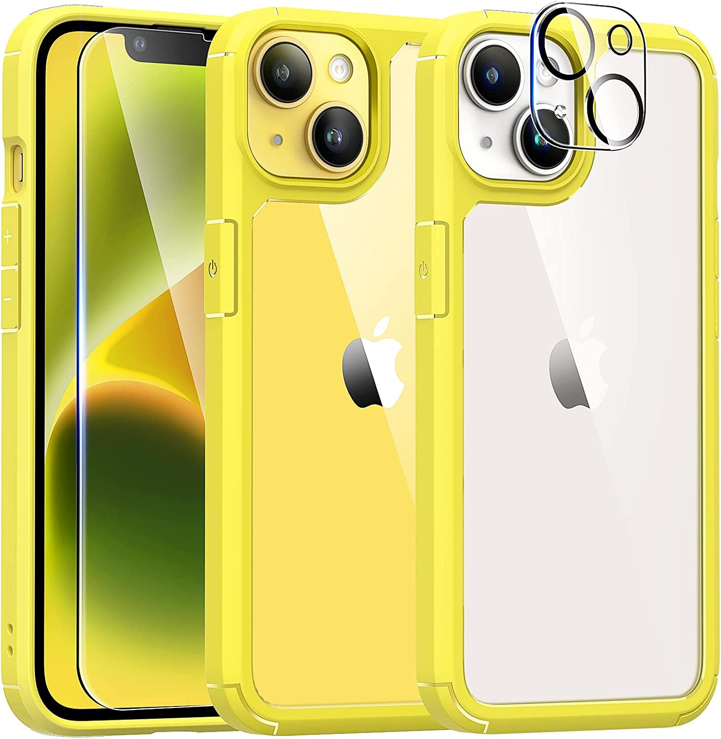 TAURI 5 in 1 Designed for Iphone 14 Case, [Not Yellowing] with 2 Screen Protector + 2 Camera Lens Protector [Military Drop Protection] Shockproof Slim Phone Case for Iphone 14 - Green  TAURI Yellow  