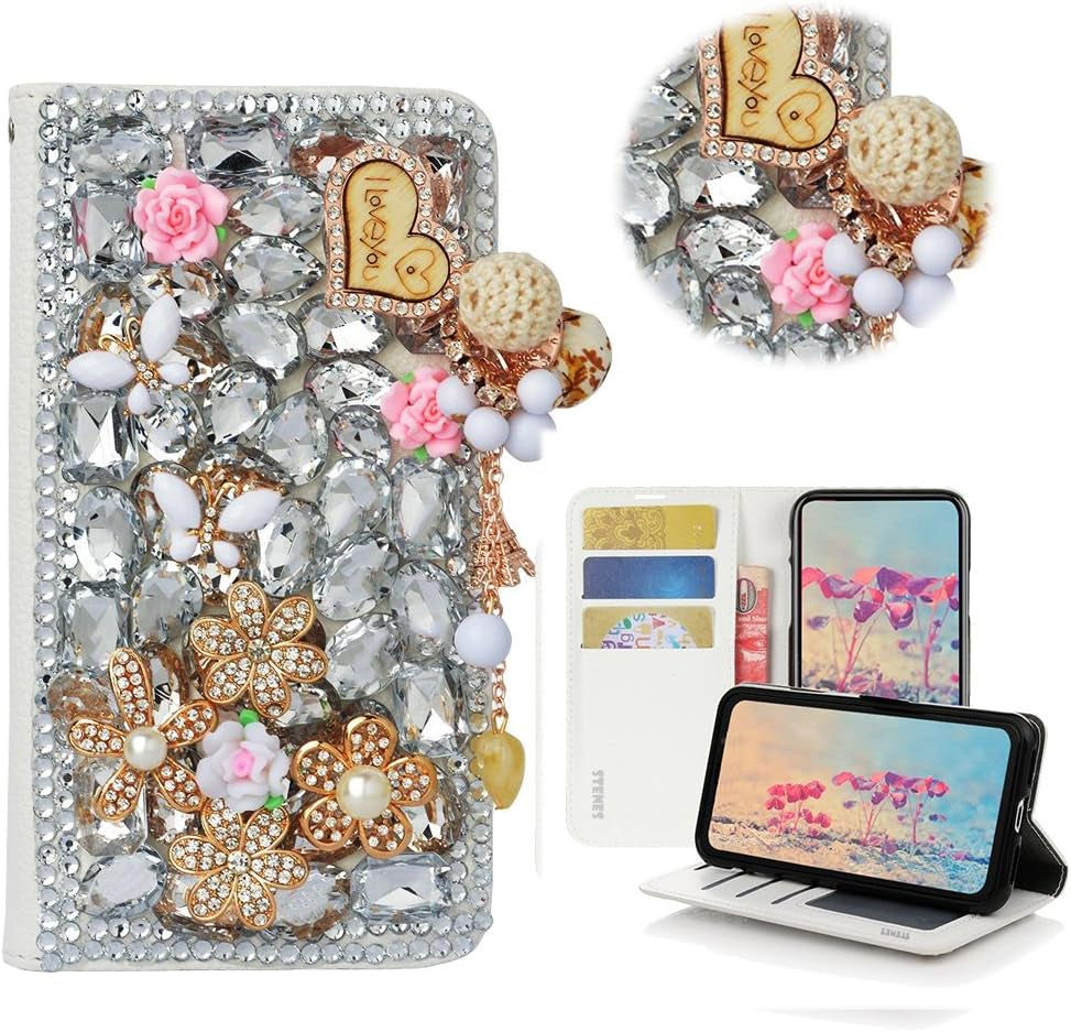 STENES LG G6 Case, LG G6 plus Case - STYLISH - 3D Handmade Crystal Dreamcatcher Pearl Pendant Wallet Credit Card Slots Fold Stand Leather Cover Case for LG G6/LG G6 plus - Multicolor  STENES Heart Pendant Flowers Floral / Gold  