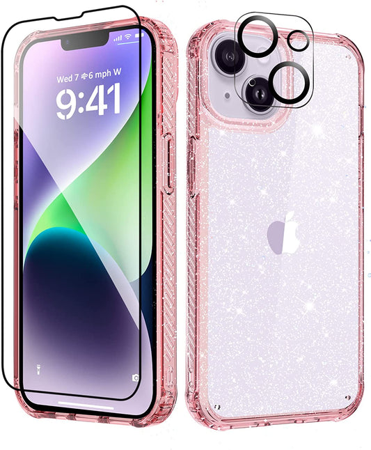 MIODIK Compatible with Iphone 14 Case with Screen Protector + Camera Lens Protector, Non Yellowing Clear Glitter Protective Phone Case, Women Girls Cover for Iphone 14 6.1 Inch 2022 - Sparkle Pink  MIODIK Pink  