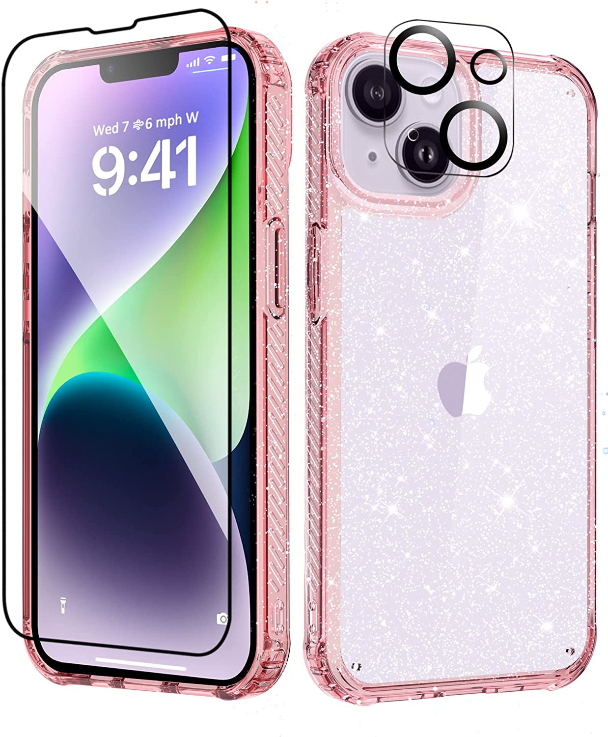 MIODIK for Iphone 14 Case with Screen Protector + Camera Lens Protector, [Non-Yellowing] Clear Glitter Phone Case, [Military-Grade Protective] Shockproof Women Cover for 6.1 Inch - Sparkle Clear  MIODIK Pink  