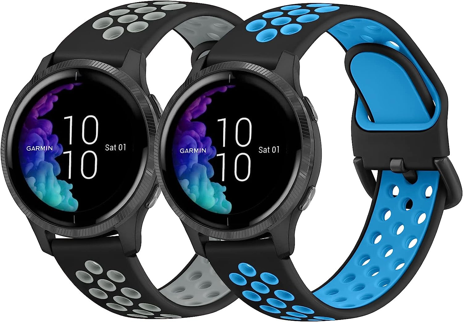 2 PACK Sport Bands for Garmin Venu 2 plus / Venu Sq / Venu / Vivoactive 3 Watch Band Women Men, Soft Silicone Replacement Wristband Sport Strap for Garmin Vivomove Sport, Vivoactive 3 Music, Forerunner 645 / 245 Music Smart Watch  Wanme Black Blue+Black Gray Small 