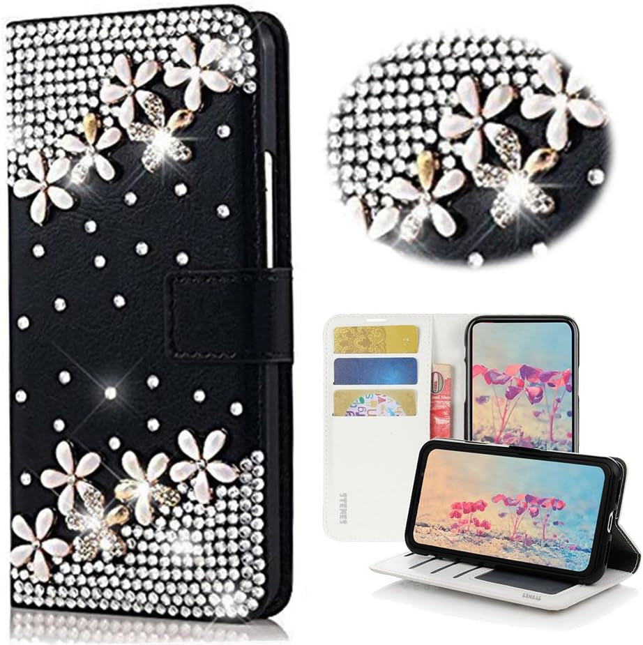 STENES LG G6 Case, LG G6 plus Case - STYLISH - 3D Handmade Bling Crystal Pretty Butterfly Flowers Wallet Credit Card Slots Fold Stand Leather Cover Case for LG G6/LG G6 plus - Black  STENES Flowers Floral / Black  