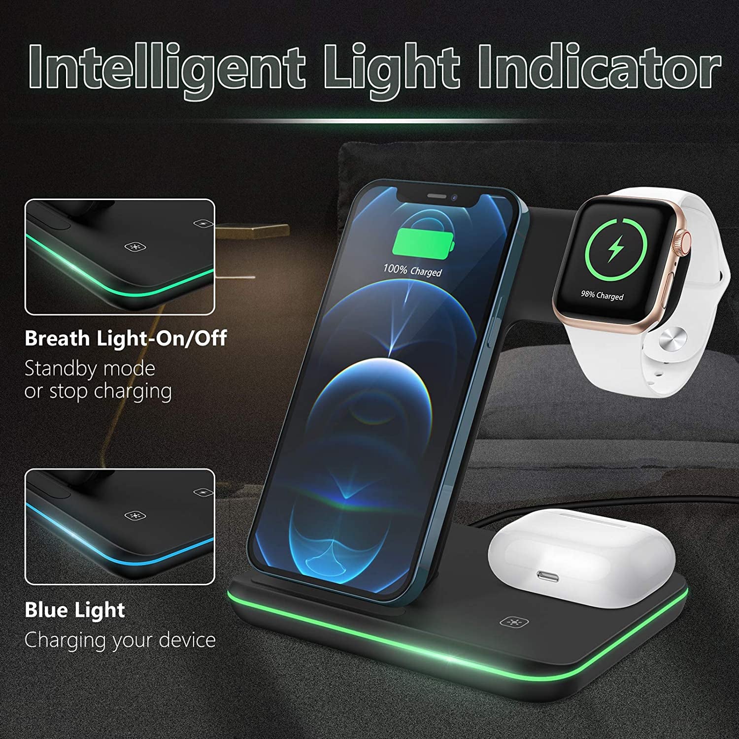 Liwin Wireless Charger, 3 in 1 Fast 15W Wireless Charging Station Compatible with Apple Watch 8 7 SE 6 5 4 3 2, Iphone 14 13 12 11 Pro/Pro Max/8/X, Airpods Pro 3 2, for Samsung S22 S21 S10 S9, Black  Dongguan Xunyue Electronics Co.,Ltd.   