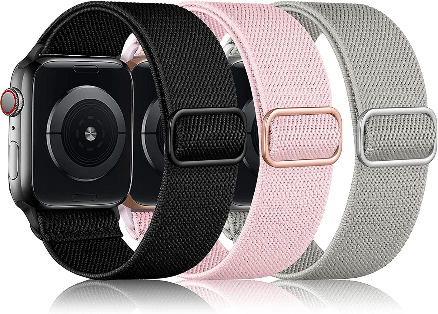 Daqin 3 Pack Stretchy Nylon Solo Loop Band Compatible with Apple Watch Band 41Mm 45Mm 38Mm 40Mm 42Mm 44Mm 49Mm, Adjustable Elastic Braided Straps for Apple Watch Ultra Iwatch Series 8/7/6/5/4/3/2/1/SE  Ylire-US Black/Pink Sand/Gray 38mm/40mm/41mm 