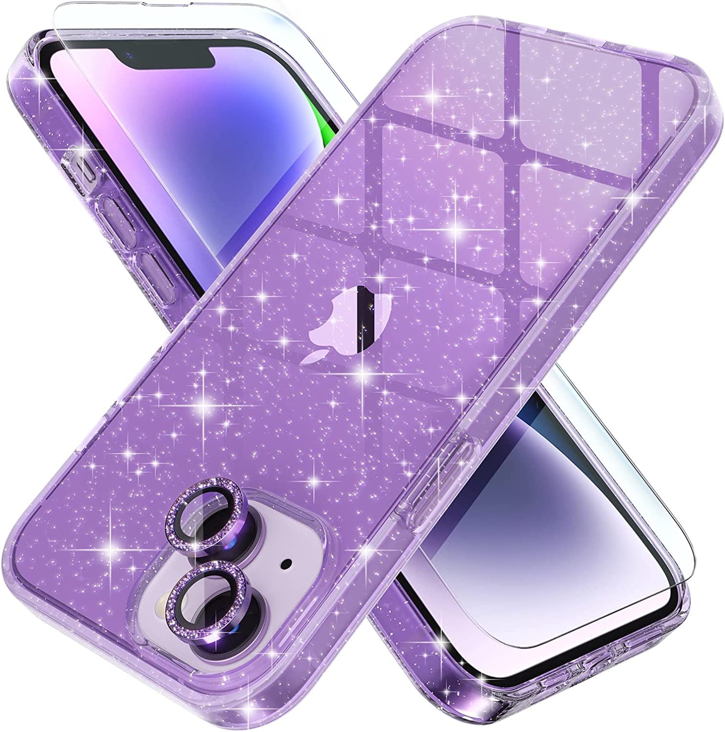 Choiche Compatible for Iphone 14 plus Case Cute, Women Clear Glitter Bling Sparkly Case, [2 X Diamond Camera Lens Protectors] [2 X Tempered Glass Screen Protectors] 6.7-Inch (Glitter Black)  Choiche Glitter Purple Iphone 14 
